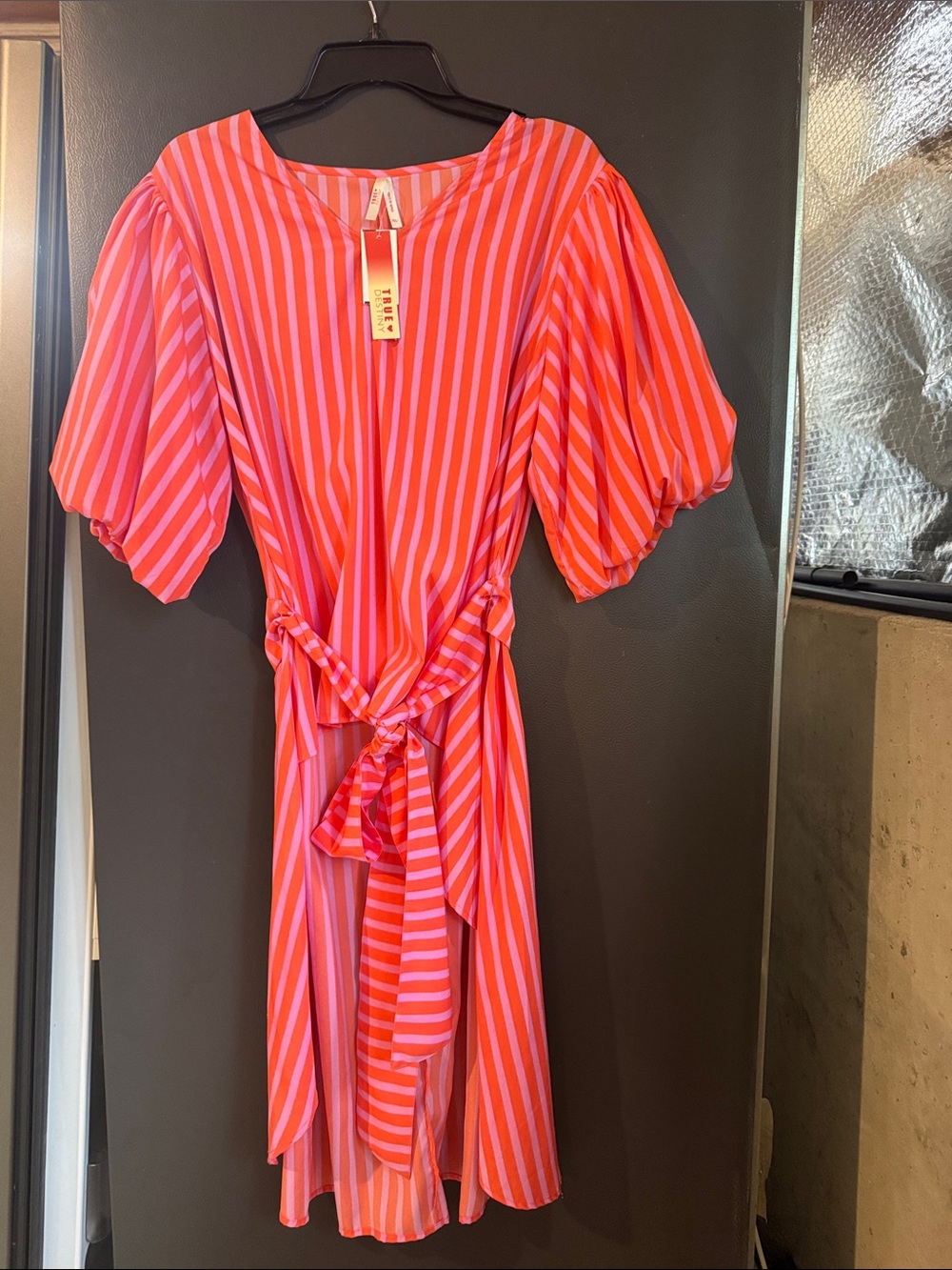 True Destiny Red and Pink Striped V-Neck  bubble sleeve high low top